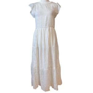 NWOT August Sky Women's Tiered Maxi Dress Medium White Smocked Shirred‎ Boho